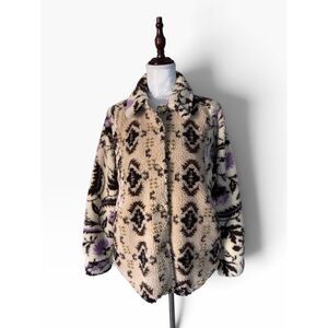 Mystree Mixed Print Sherpa Fleece Shacket Jacket Boho Geometric Purple S